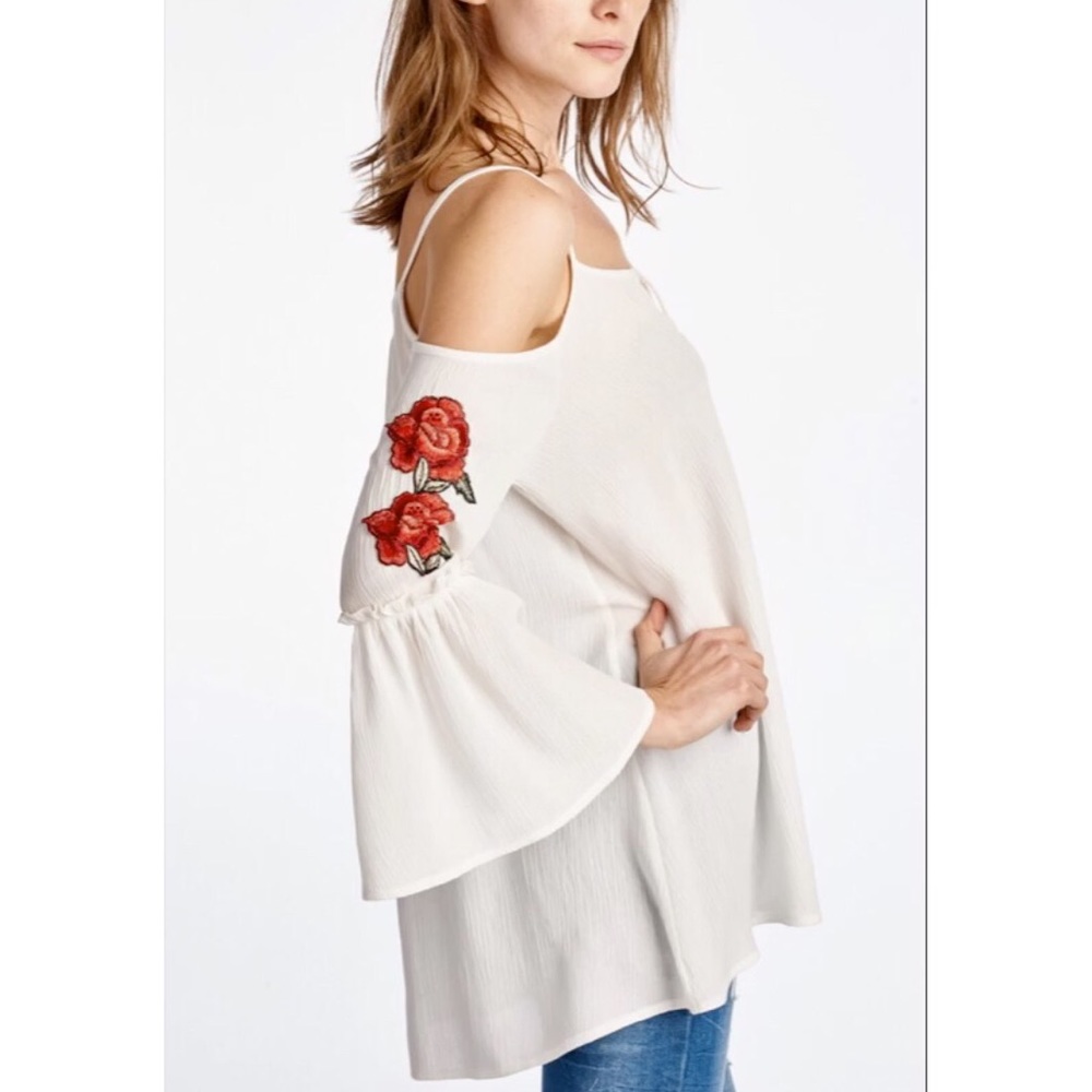 Cold Shoulder Bell Sleeve Top with Rose Detailing